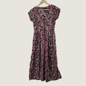 Awesome Floral Maxi Jumpsuit Womens S Black Pink Rayon 90s Cottagecore Boho VTG